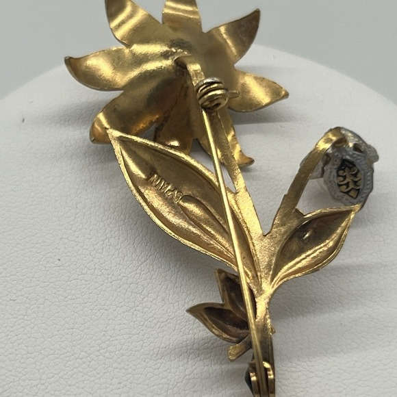 Vintage Damascene Faux Pearl Flower Brooch Pin Gold & Silver Tone Made In Spain - Picture 5 of 7